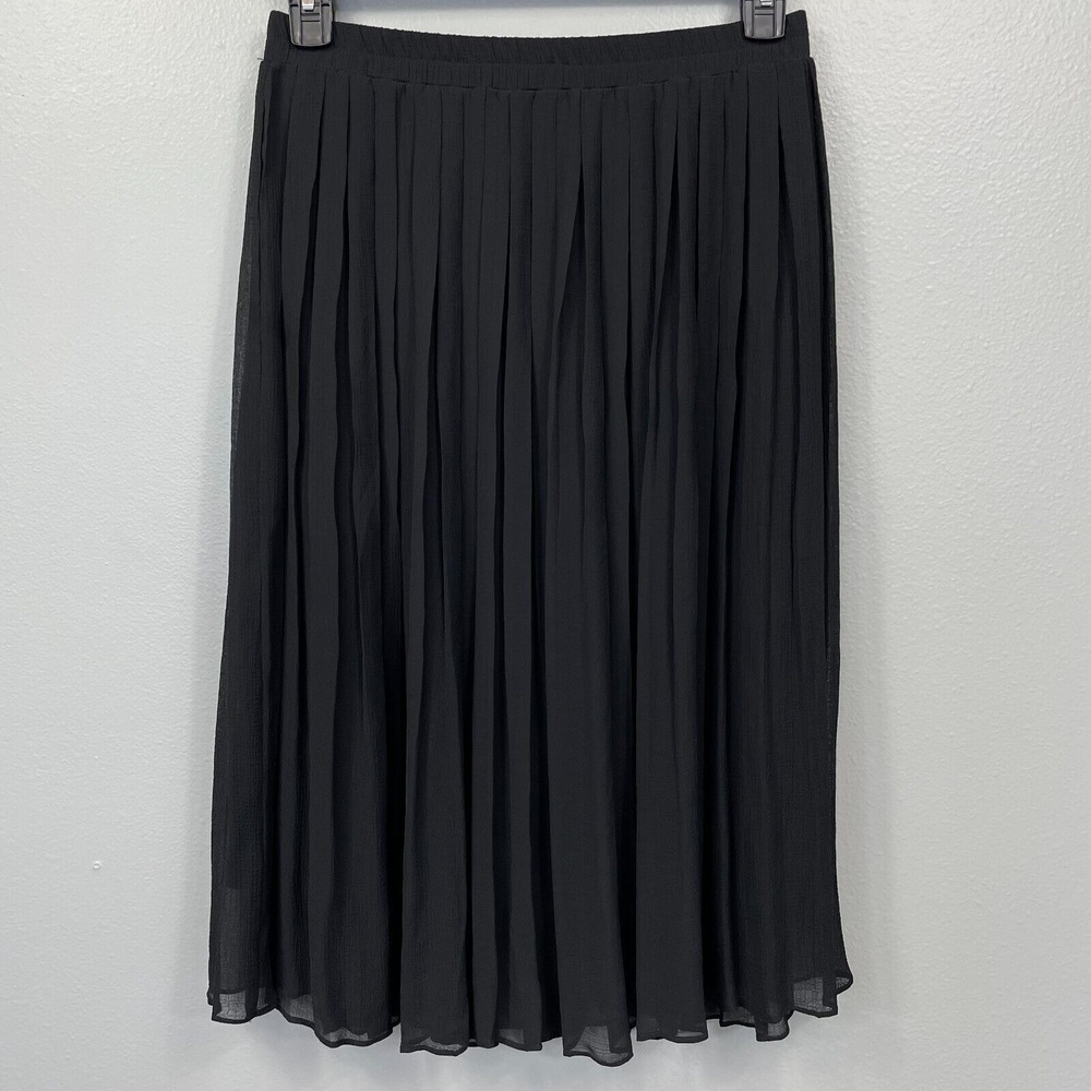 Ichi Pleated Skirt Womens Medium Black Pull On A-Line Midi Sheer Lined